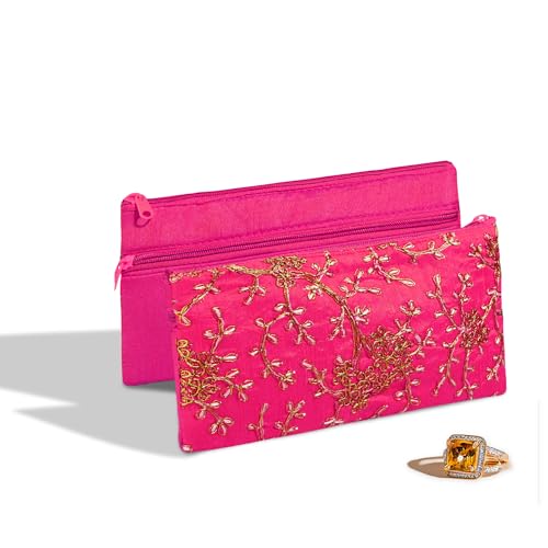 Image of Kuber Industries 2 Pcs Polyester Hand Purse for Woman with Zip | Lightweight & Compact Ladies Purse /Wallet for Travelling, Party, Wedding & Events | Embroidery Design - Pink