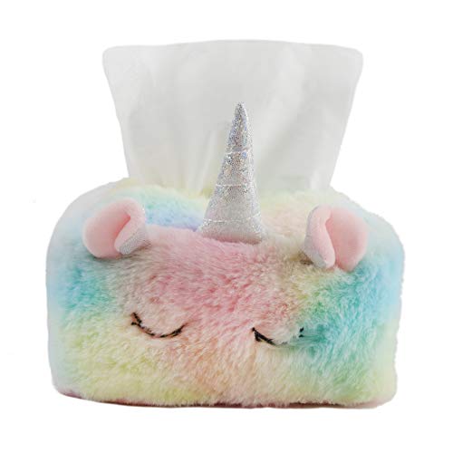 Houwsbaby Colorful Plush Unicorn Rectangular Tissue Case Box Holder Napkin Tissue Tray Container