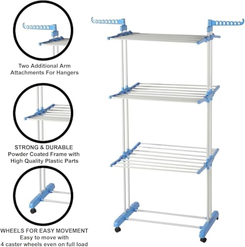 Image of Lukzer 3-Tier Foldable Clothes Drying Rack with Wheels | Stainless Steel Laundry Stand | Space-Saving, Heavy-Duty, Rust-Resistant for Indoor Outdoor Use - Towels, Clothes, Bedsheets