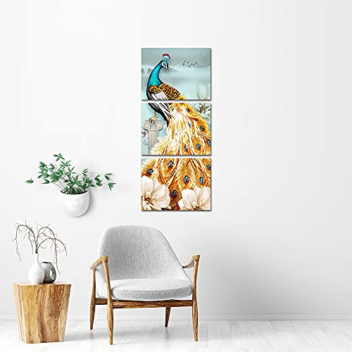 Vanseeing 3 Piece Peacock Paintings Canvas Wall Art Teal Blue Peacock With Golden Feather Canvas Prints Framed Modern Animal Artwork For Home Living Room Bedroom Decor Ready To Hang 12X16Inchx3Pcs #TOP3