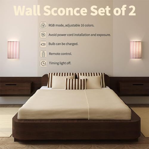 Image of Wall Sconces Set of Two Battery Operated Pink Pattern Cute Wireless Plug in Wall Lights Fixtures Remote Dimmable for Bedroom Living Room Hallway