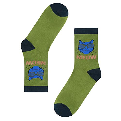 Mens Crew Socks Crazy Funny Novelty Patterned Dress Socks Funky Fun Cool Colorful Printed Design Cotton Calf High Socks Boys (5 Pack-Glass Cat) #TOP6