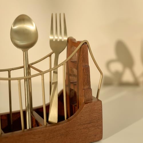Image of Brick Brown Premium Golden Gate Cutlery Holder | Spoon Stand for Kitchen & Dining Table | Cutlery Stand & Tabletop Cutlery Box | Spoon Holder Caddy with 3 Section Wood & Metal (10.2x3.6x6 inch)
