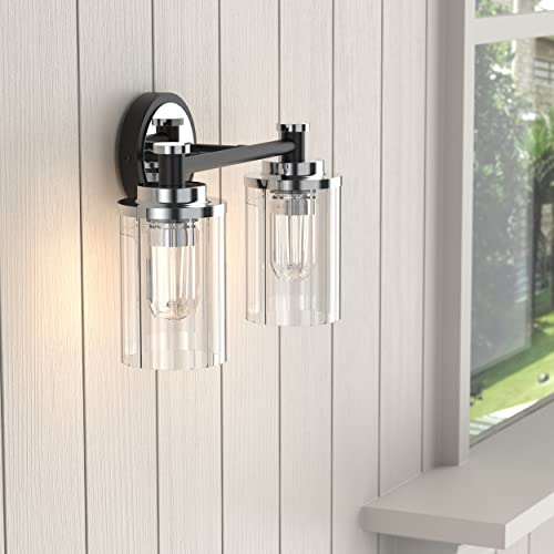 Image of Bathroom Lighting Fixtures Black and Chrome Bathroom Vanity Light with Cylindrical Clear Stripes Glass Lampshade E26 Socket Base Bathroom Lighting Fixtures Over Mirror (2 Lights)