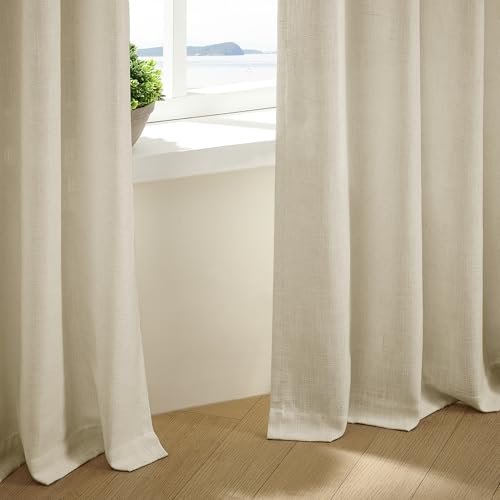 Image of TWODRAPES Pinch Pleated Extra Wide Curtain Panels 84 Inches Long 70 Wide Linen Curtain for Patio Sliding Glass Door Beige Hooks Rings Semi Sheer Privacy 84 Inch Length for Living Room 70x84 1 Panel