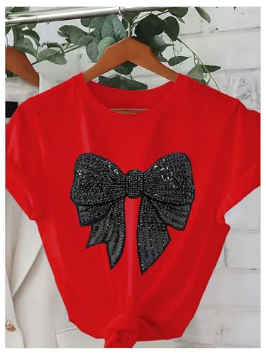 Image of RoseSeek Women's Rhinestone Sequin Bowknot Graphic Tees Short Sleeve Crewneck Summer Tops Going Out T Shirt