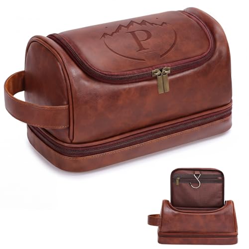 Ecttunafe Personalized Fathers Day Presents Travel Toiletry Bag for Men, Engraved Initial PU Leather Waterproof Shaving Bag, Best Dad Birthday Gift Ideas for Dad Father New Dad Papa Elderly,P