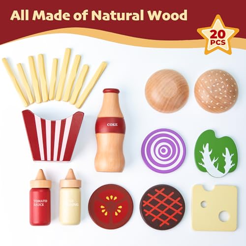 Toywoo Wooden Play Food for Kids Pretend Hamburger Set Fast Food ToyPlay Kitchen Accessories for Toddlers Toy Food Gift for Boys Girls Educational Toys