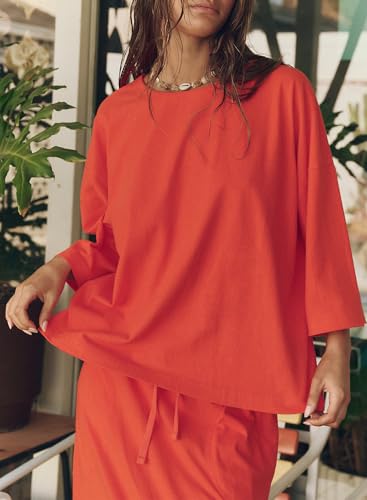 Womens Skirt Set Long Sleeve Crew Neck Casual Oversized Shirt Mid Length Skirt with Pockets Matching Set3