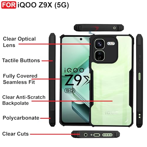 Image of CEDO Backcover for iQOO Z9X (5G) | Camera Protection Shockproof Bumper-Edge | Acrylic Crystal Clear 360 Degree Protection TPU+PC | Transparent Eagle Back Case Cover (Black)