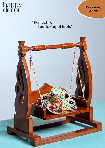 Image of Premium Polished Sheesham Wooden Laddu Gopal Jhula, Shri Krishna Swing Kanhaji, Thakurji, for Bal Gopal Idol, (Size:- 13 inchx12 inchx7 inch), Seat Size :- (8 inchx6 inch) 0 to 4 no Gopal ji (Mayur Aura Jhula)