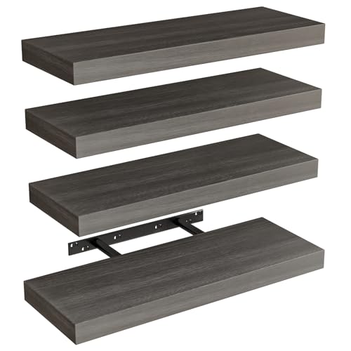 Fixwal 15.8in Floating Shelves, Rustic Wood Finish Wall Shelves Set of 4, Shelves for Wall Decor, with Invisible Brackets for Bathroom, Living Room,Bedroom and Kitchen(Gray)