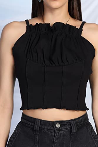 Image of Leriya Fashion Women's & Girls' Solid Square Neck Ribbed /Knitted Sleeveless Stretchable Slim Fit Crop Tank Top
