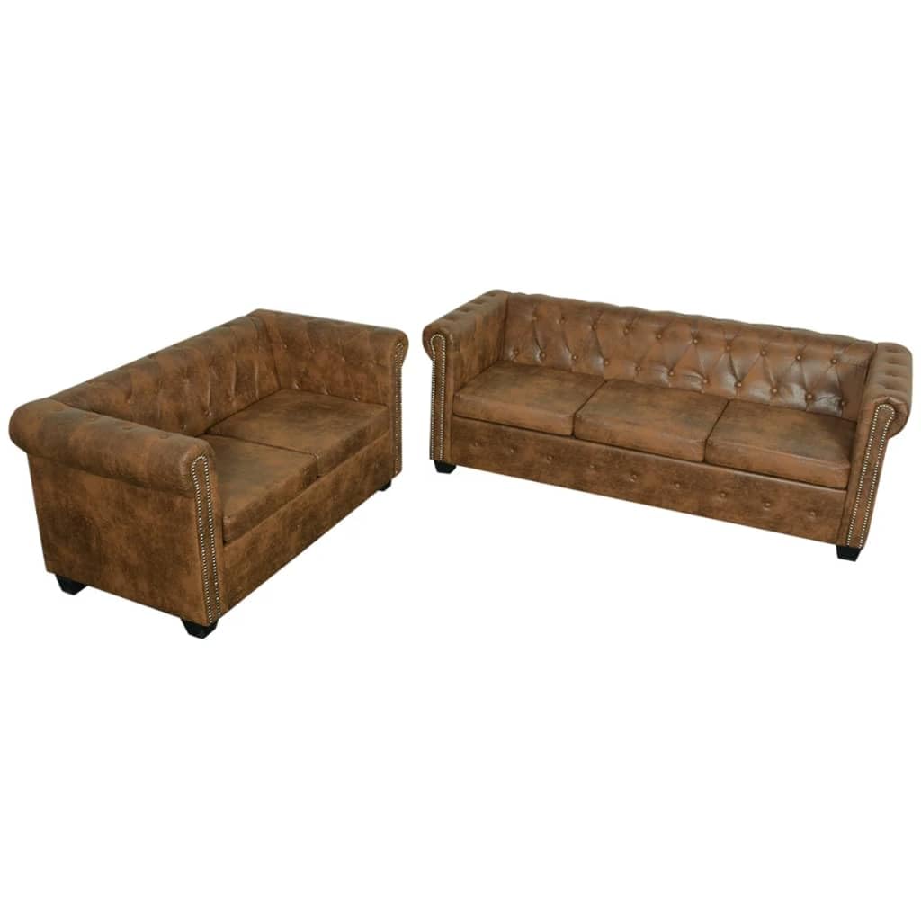 Willood Set Sofás Chesterfield 2+3 Plazas Marrón Asientos Sillones Mueble Salón