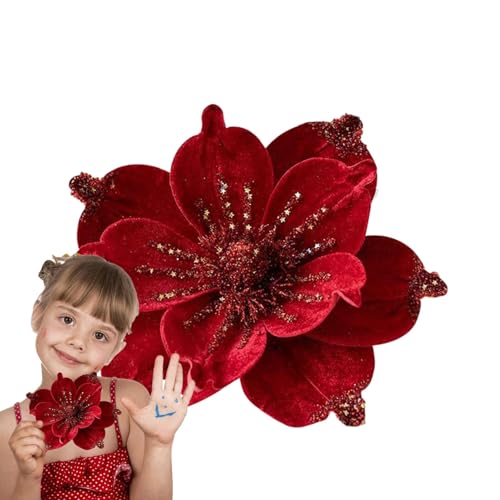 Acunny Magnolia de Navidad con purpurina para árbol de Navidad, adorno de flores artificiales de magnolia de Navidad con purpurina, flores de magnolia con purpurina falsa