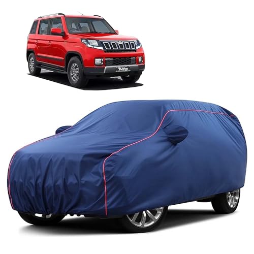 Image of Sulfar 100% Water Resistant Car Body Cover Compatible with Mirror for Mahindra TUV300 (Triple Stitched, Full Bottom Elastic, Blue Taffeta with Red Piping)