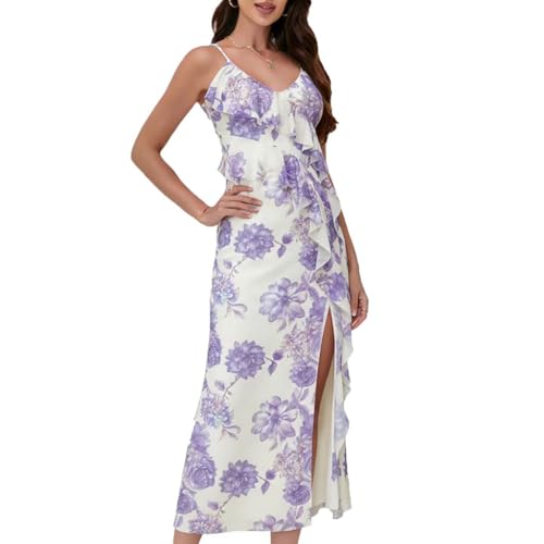 Image of Women's Spaghetti Strap Ruffle Side Split Long Dress Bodycon Beach Maxi Dresses