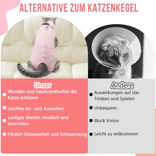 Eyein Katzenbody nach OP, Atmungsaktiver bequemer Erholungsanzug Anti-leckende Katzen-Operationsanzug mit Mesh Design für Katze Body Operation - Katzen Kätzchen E-Halsband Alternative (Hellrosa, M)