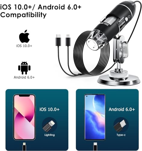 Image of Digital Microscope USB Type-C and Lightning, Handheld USB Inspection Camera 50x-1600x Magnification Portable Handheld Pocket Microscopes with 8 LED & Stand, Compatible with iPhone, Android
