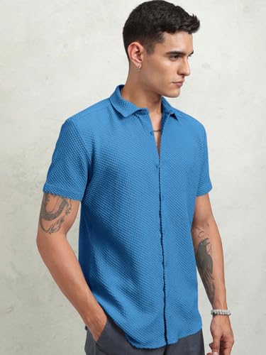 Image of Zombom Men's Poly Cotton Textured Short Sleeve Shirt | Slim Fit Casual Wear | Premium Stretch Fabric | Button Down Collar | Stylish Party Shirt for Men