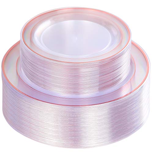 I00000 96 Pieces Rose Gold Plastic Plates, Elegant Rose Gold Disposable Plates, Premium Clear Wedding Party Plates with Rose Gold Rim Includes: 48 Dinner Plates 10.25" and 48 Dessert Plates 7.5"