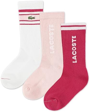 Lacoste Boys' 3-Pack Knit Everyday Socks, White/Pink, 7-9