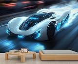 White Sports Car Wallpaper Mural - 79' x 55' Mural, Modern Fashion Wallpaper for Living Room Bedroom, Men Boys Hd Photo, Supercar Wall Mural (Not Peel and Stick)