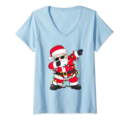 Mujer Camisa de Papá Noel con luces de Navidad para niñas y niños Camiseta Cuello V