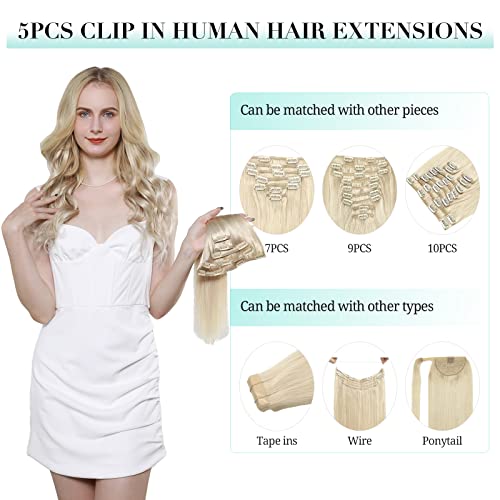 Image of DOORES Human Hair Extensions Clip in, 5pcs 75g Balayage Light Blonde Highlighted Golden Blonde 16 Inch Clip in Hair Extensions Natural Hair Extensions Straight