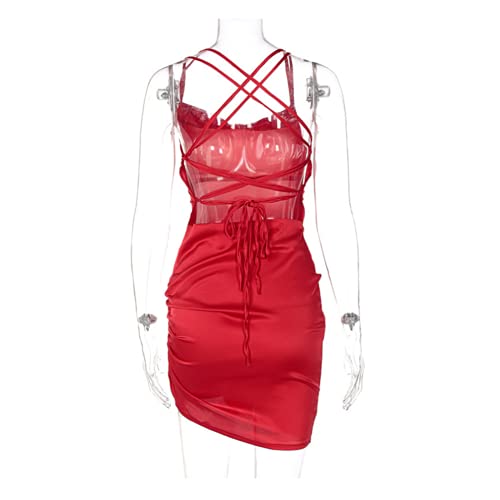 Image of JUMISEE Women Satin Ruched Lace Up Bodycon Mini Dress Sexy Backless Spaghetti Strap Party Dress for Cocktail Clubwear