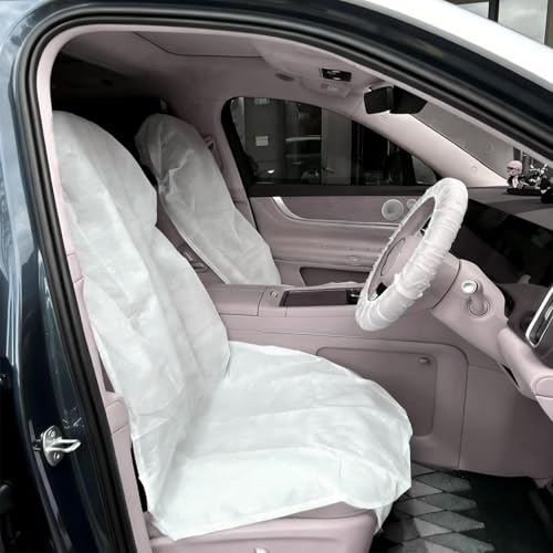 Ypoyney 4 PCS Disposable Car Seat Covers, Non-Woven Disposable Car Seat Covers, Steering Wheel, Gear Shift, Universal Anti-Dirty Dustproof Seats Protector Kit for Repair & Valet Parking (White)