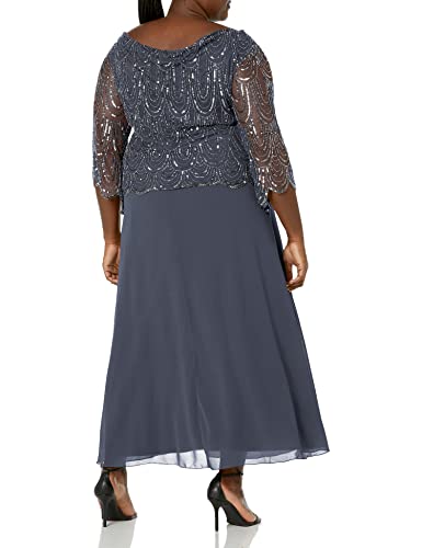 J Kara Women's Plus Size 3/4 Scallop Beaded Pop Over Gown Special Occasion Dress, Grey/Mercury/Gun, 18W - Thumbnail 2