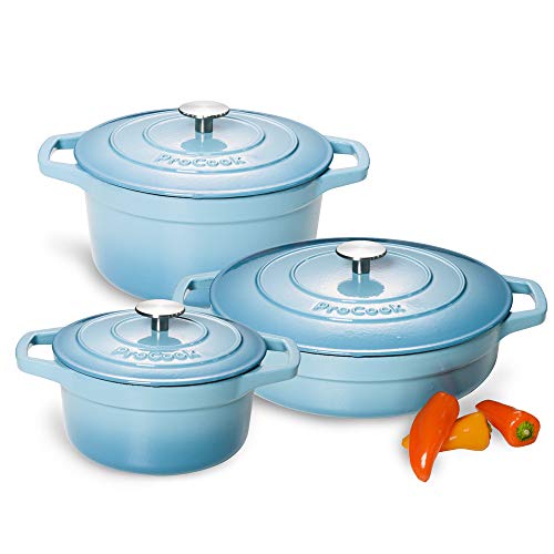 ProCook - Cocotte Faitout Basse & Ronde avec couvercles - Set 3 Pièces - 28cm 20cm 24cm - Dégradé Turquoise - Fonte Émaillée - Compatible avec Toutes Sources de Chaleur (Induction Incluse)