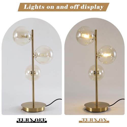 Image of Gold Globe Bedside Lamp, 3 Lights Mid Century Modern Table Lamp, Contemporary Cognac Glass Globe Readin Lamp for Bedroom Living Room Study Room