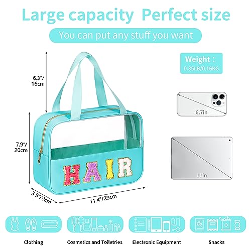 eurovicky Chenille Letter Patch Clear Makeup Bag, Preppy PVC&Nylon Makeup Bag with Handle and Zipper, Waterproof Large Clear Travel Toiletry Bag Storage Bag for Women2