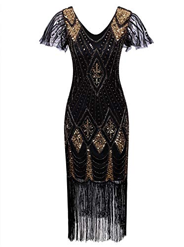 Vijiv Women Vintage Style 1920S Dresses Inspired Beaded Cocktail Flapper Dress With Sleeves For Prom Gatsby Party,Black Gold,Xx-Large #TOP8