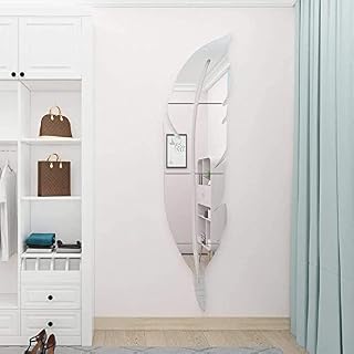 3D Acrylic Bathroom Mirror Wall Art Stickers, 12" x 49" Feather Shaped DIY Wallpaper Paste Decals Home Decorations for Living Room, Bedroom, Farmhouse Decor (Right, Silver)