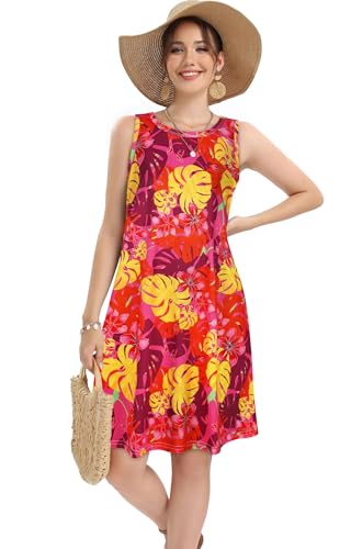 Image of elescat Women's Summer Dresses 2026 Beach Casual Sleeveless Floral Print Tank Loose Sundress with Pocket