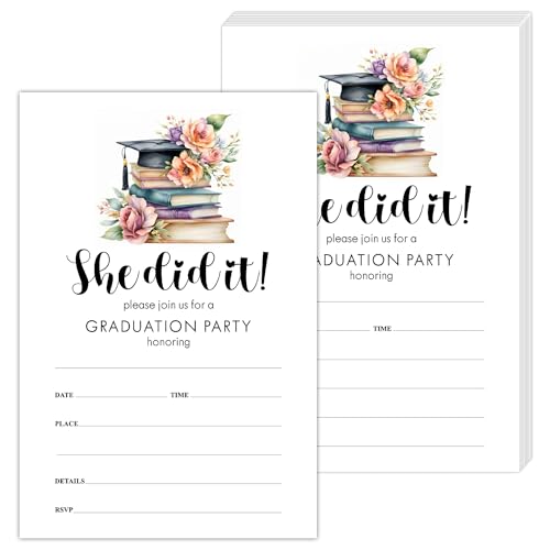 She Did It Graduation Invitations With Envelopes For Junior College University Masters High School Grad Celebration Or Announcement, 20 Set Grad Party Blank Invites, Graduation Party Supplies - A05