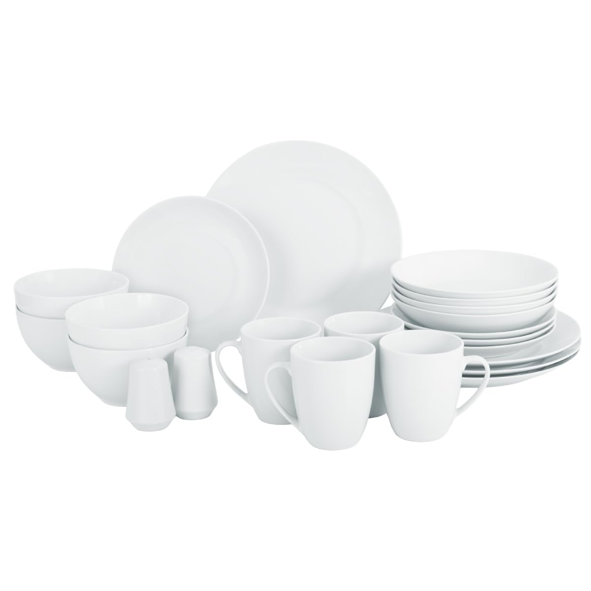 Glad Porcelain Dinnerware Set, 22pcs - White Round Kitchen Dishes, Microwave, Oven & Dishwasher Safe - Dinner Set with Plates, Bowls, Mugs, and Salt & Pepper Shakers