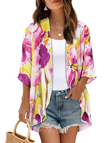 Image of Women's Floral Print Puff Sleeve Kimono Cardigan Loose Cover Up Casual Blouse Tops 2026