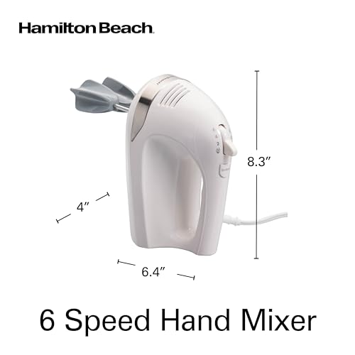 Hamilton Beach 6-Speed Electric Hand Mixer with Whisk, Dough Hooks and Easy Clean Beaters, Powerful 275 Watt Motor, Snap-On Storage Case, White