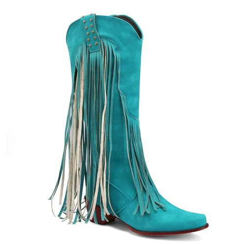 Image of KiutSymo Mid Calf Fringe Boots For Women Cowboy Pointed Toe Chunky Heels Cowgirl Western Tassel Boots