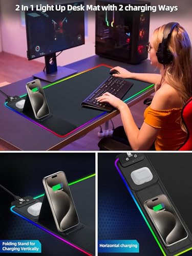 Image of XXL Mouse Pad with Phone Holder - Black, RGB Desk Mat with 15W Fast Charging, LED Gaming Mousepad with 11 Light Colors, Waterproof Non-Slip Pad for Office & Home (Black with PD Adapter)