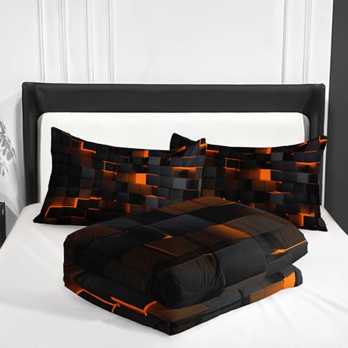 Image of Nttopship Neon Yellow Black Comforter Set King Geometric Kids Bedding Set,3 PCS Geometry Honeycomb Bed Set Modern Quilt Set 1 Comforter 2 Pillow Cases Cool Room Decor All Season B-Side Black