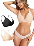 Rolral Women's 2 Pieces Deep V Wireless Bra No Underwire Seamless Comfort Support Tshirt Push Up Bralette for Everyday/Sleep Wear