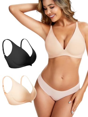 Image of Womens Deep V Wireless Bra No Underwire Seamless Comfort Support Tshirt Push Up Bralette for Everyday /Sleep