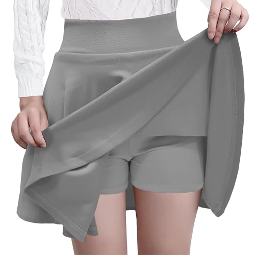 GOOBGS Women's Casual Versatile Mini Skater Stretchy Skirt with Shorts Grey Medium