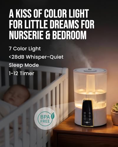 Image of Humidifiers for Bedroom,1.06Gal(4L) Dishwasher Safe Design Easy to Clean,Top Fill,Night Light,Aroma Diffuser,Humidity Control,12H Timer,Sleep Mode,3 Level Mist,360 Nozzle,Home,Nursery,Off White