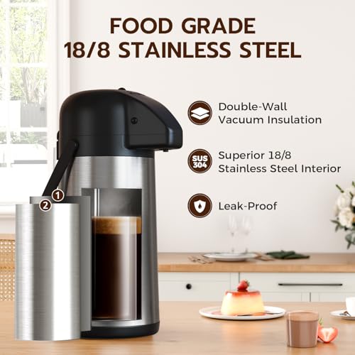 Image of Coffee Carafe for Keeping Hot - Gezoss 64OZ / 1.9L Airpot Coffee Dispenser with Pump - Large Coffee Carafe for Hot Drinks Tea Liquid - Insulated Stainless Steel Hot Water Beverage Urn for Parties